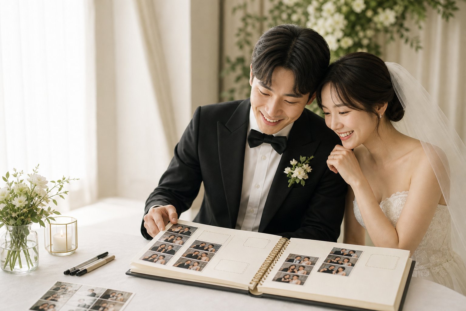 포토 방명록을 확인하는 신랑신부